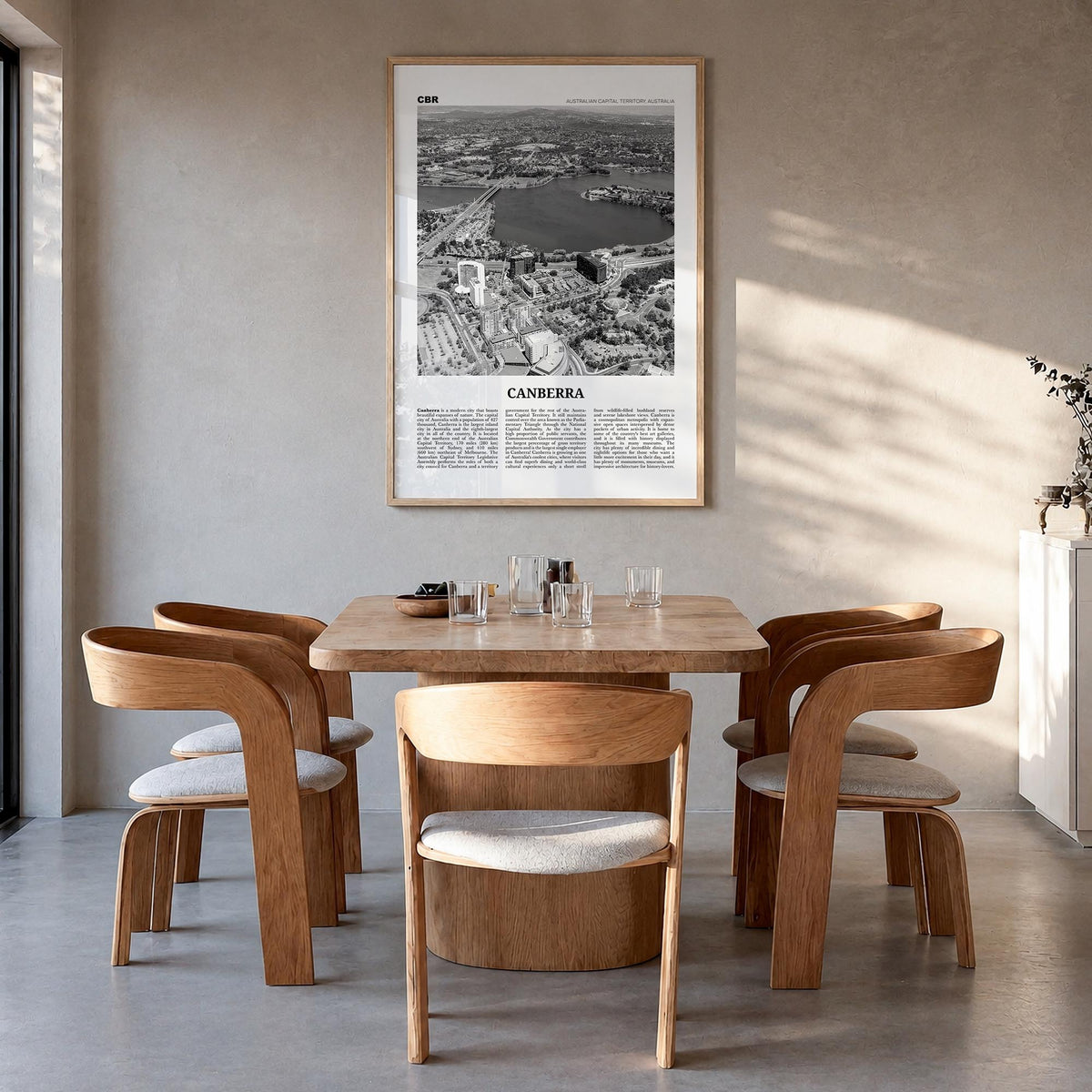 Canberra black & white newspaper poster of Australian Capital Territory, Australia – vertical wall art in natural wood frame,