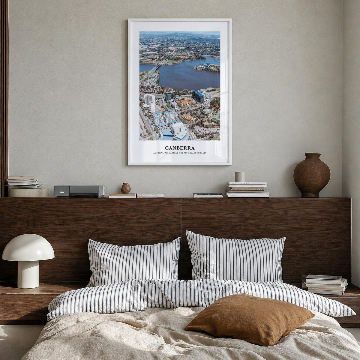 Canberra colorful classic poster of Australian Capital Territory, Australia – vertical wall art in white wood frame, hanging