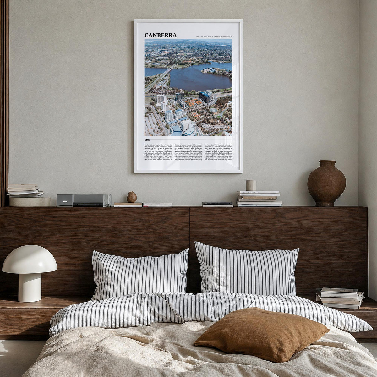 Canberra colorful travel poster of Australian Capital Territory, Australia – vertical wall art in white wood frame, hanging o