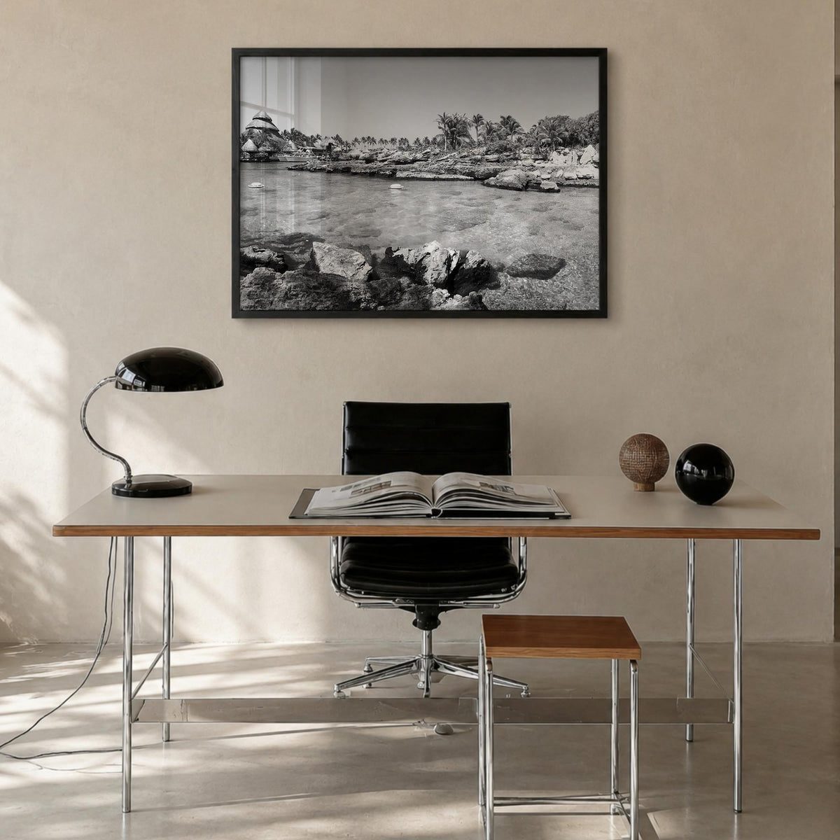 Cancún black & white photo poster of Mexico – horizontal wall art in black wood frame, hanging on wall
