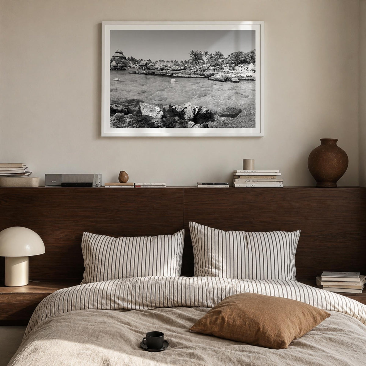 Cancún black & white photo poster of Mexico – horizontal wall art in white wood frame with white border, hanging on wall