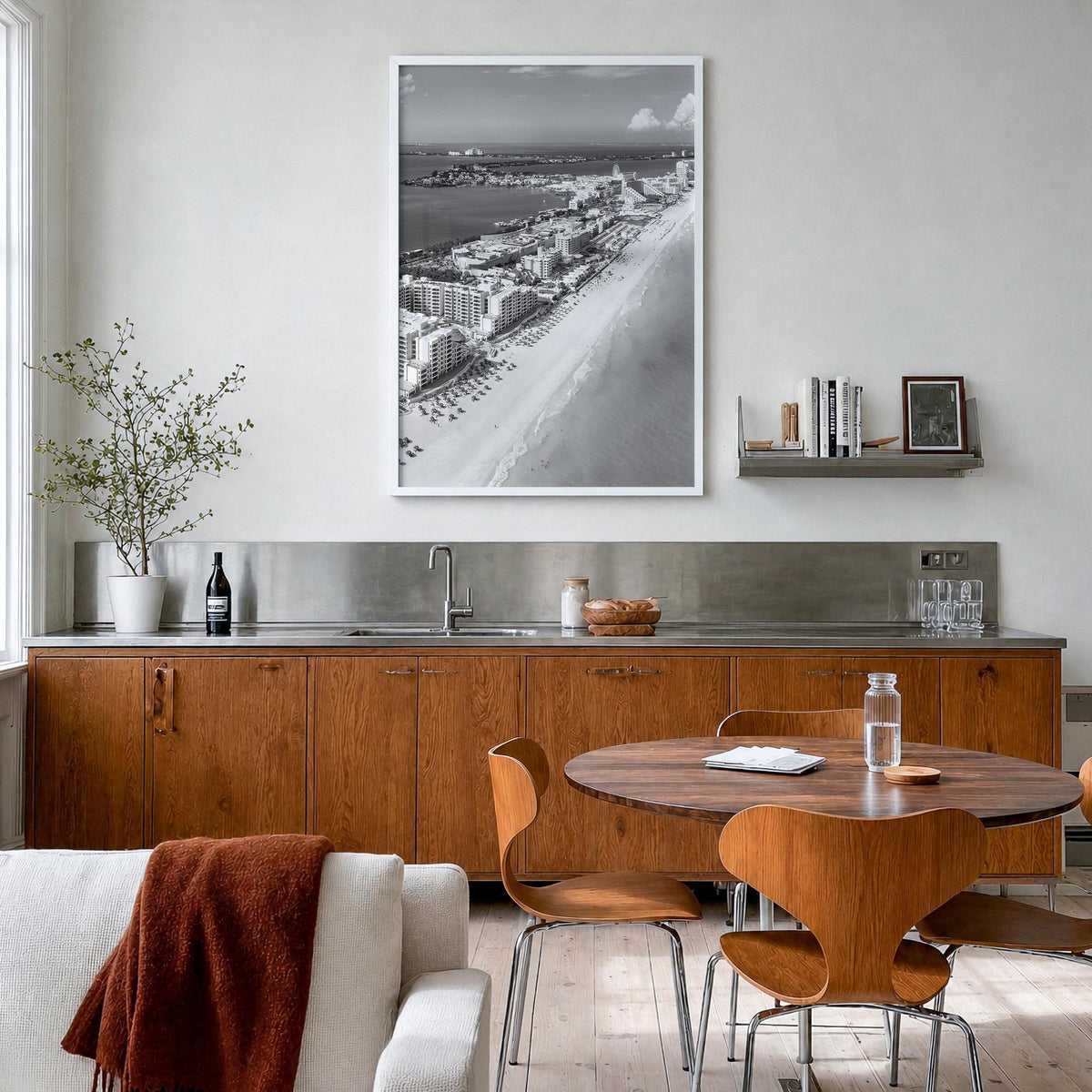 Cancún black & white photo poster of Mexico – vertical wall art in white wood frame, hanging on wall