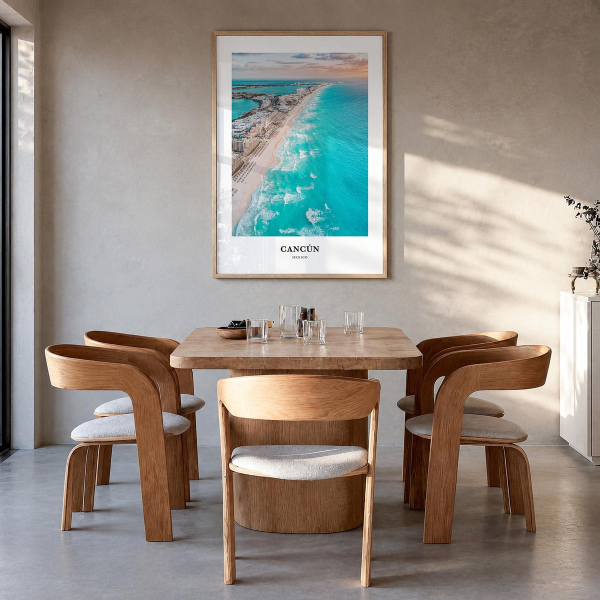 Cancún colorful classic poster of Mexico – vertical wall art in natural wood frame, hanging on wall