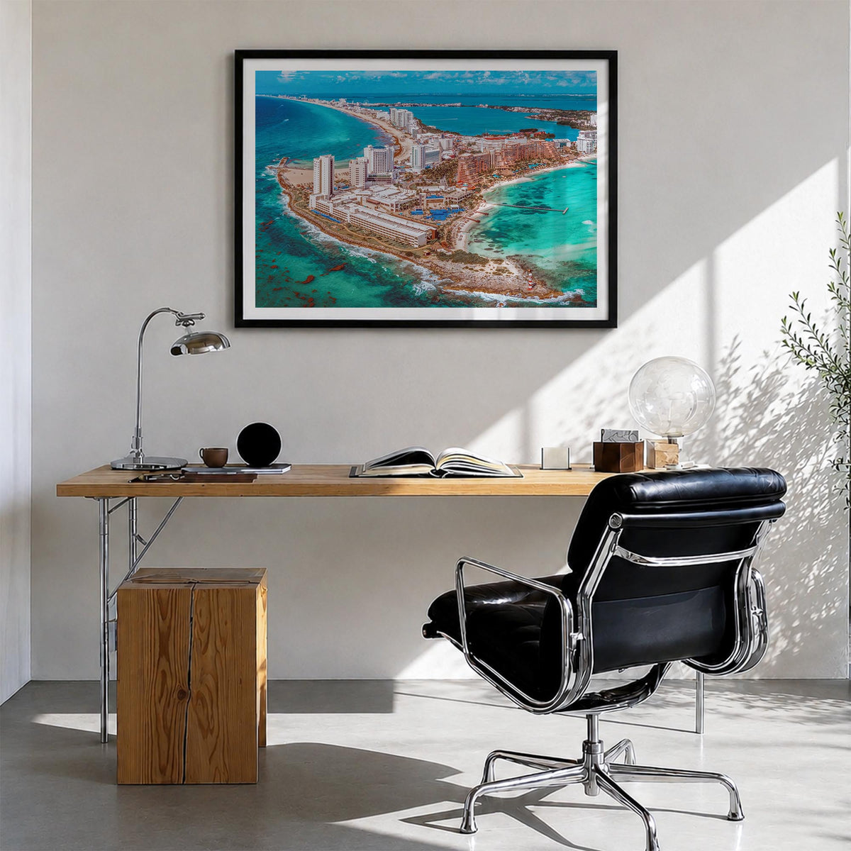 Cancún colorful photo poster of Mexico – horizontal wall art in black wood frame with white border, hanging on wall