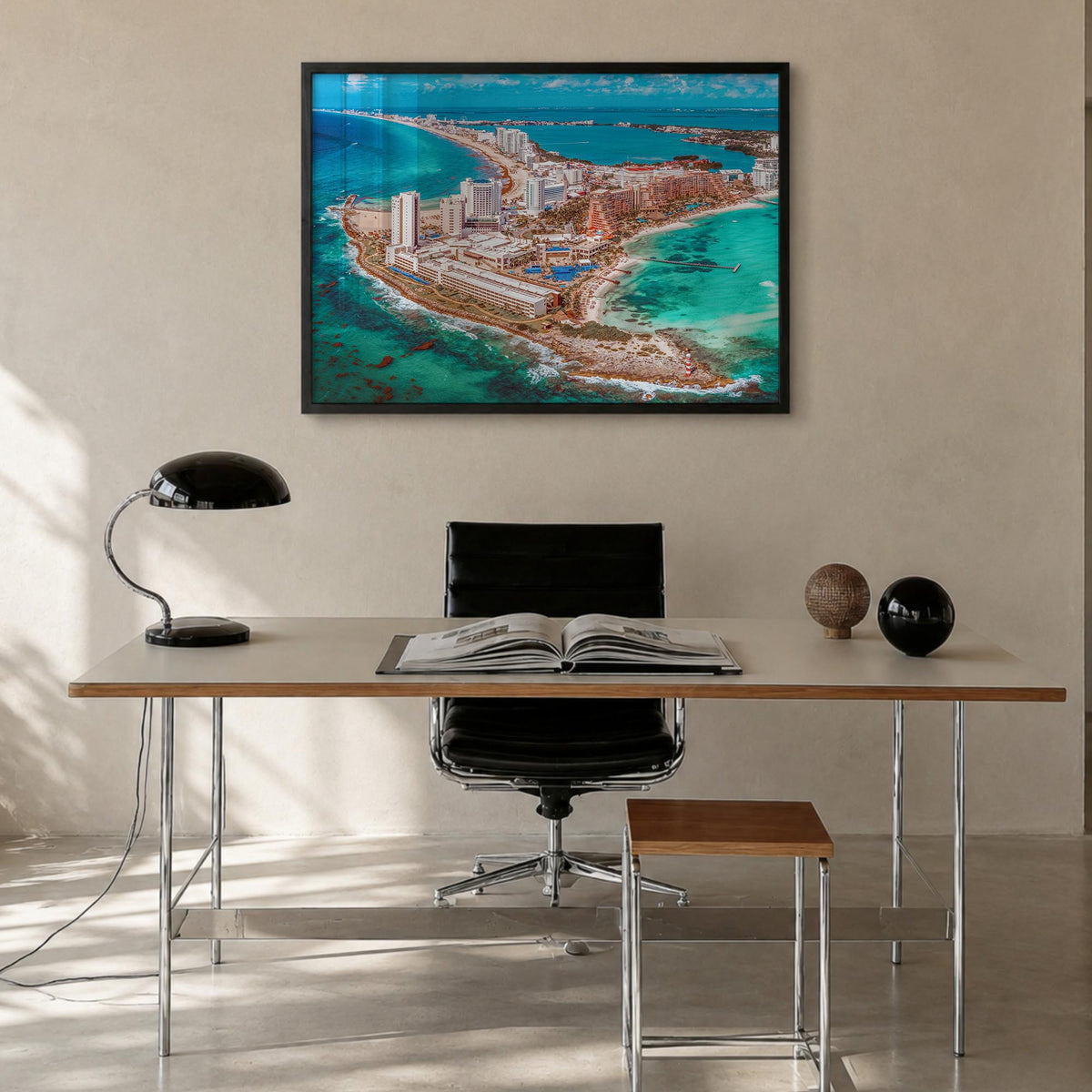 Cancún colorful photo poster of Mexico – horizontal wall art in black wood frame, hanging on wall