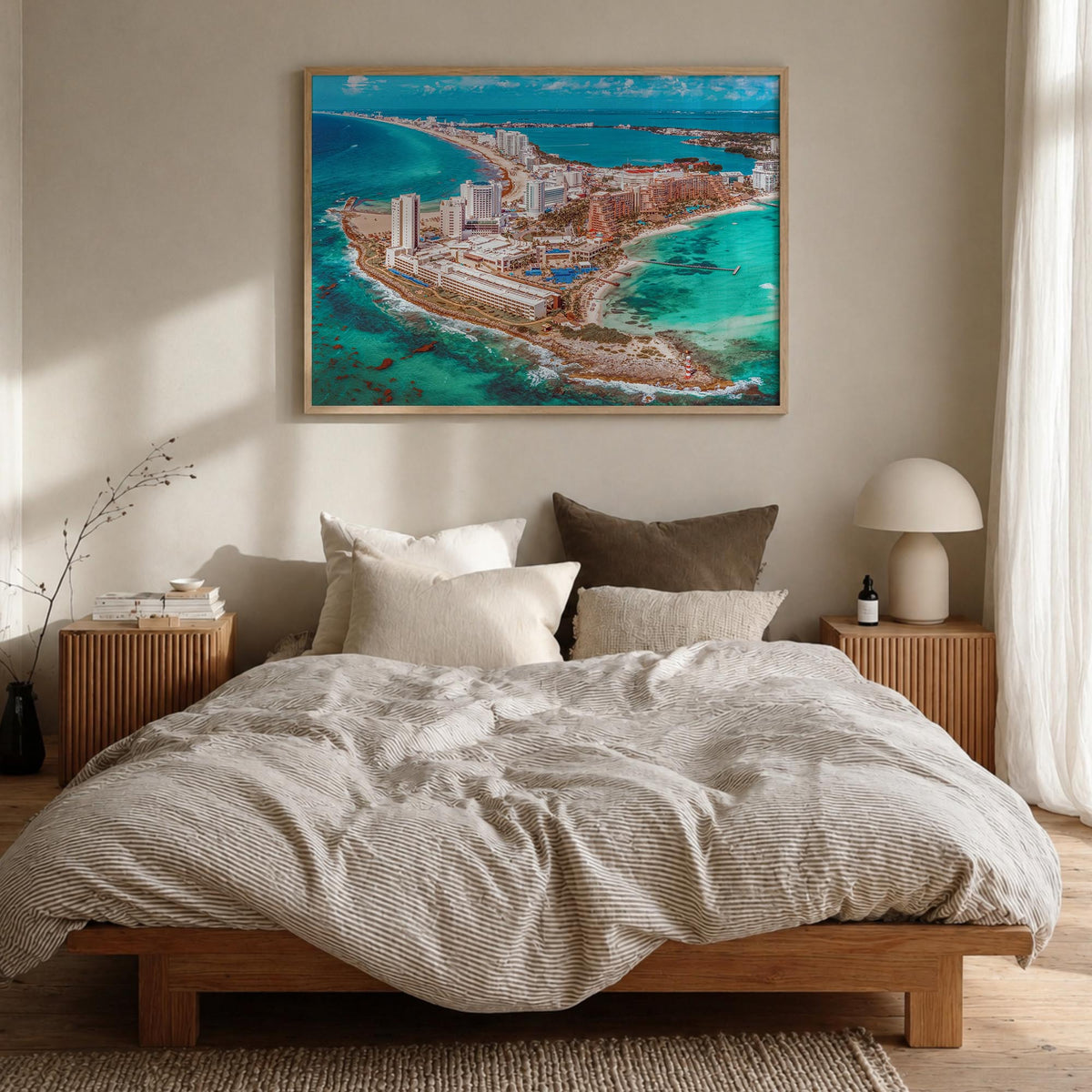Cancún colorful photo poster of Mexico – horizontal wall art in natural wood frame, hanging on wall