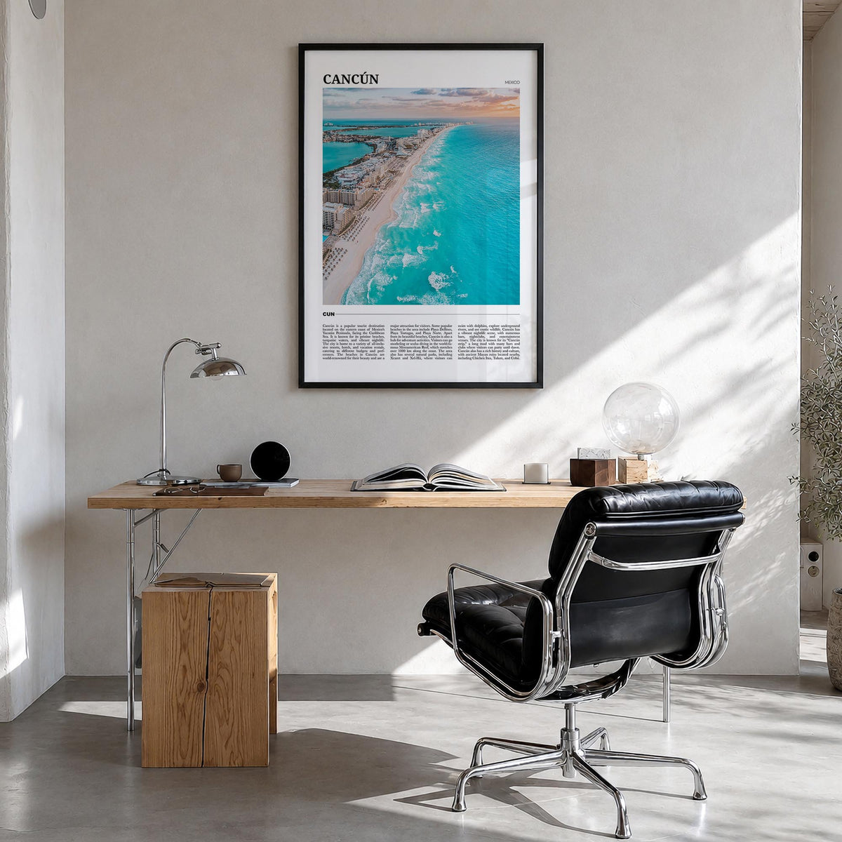 Cancún colorful travel poster of Mexico – vertical wall art in black wood frame, hanging on wall