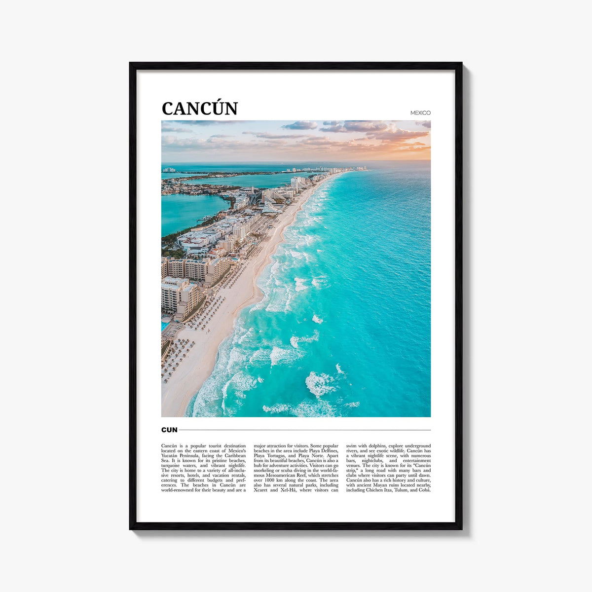 Cancún colorful travel poster of Mexico – vertical wall art, unframed print shown in interior mockup
