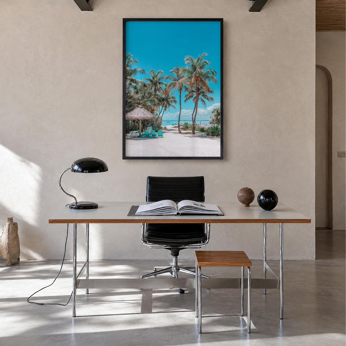 Cancún no. 1 colorful photo poster of Mexico – vertical wall art in black wood frame, hanging on wall