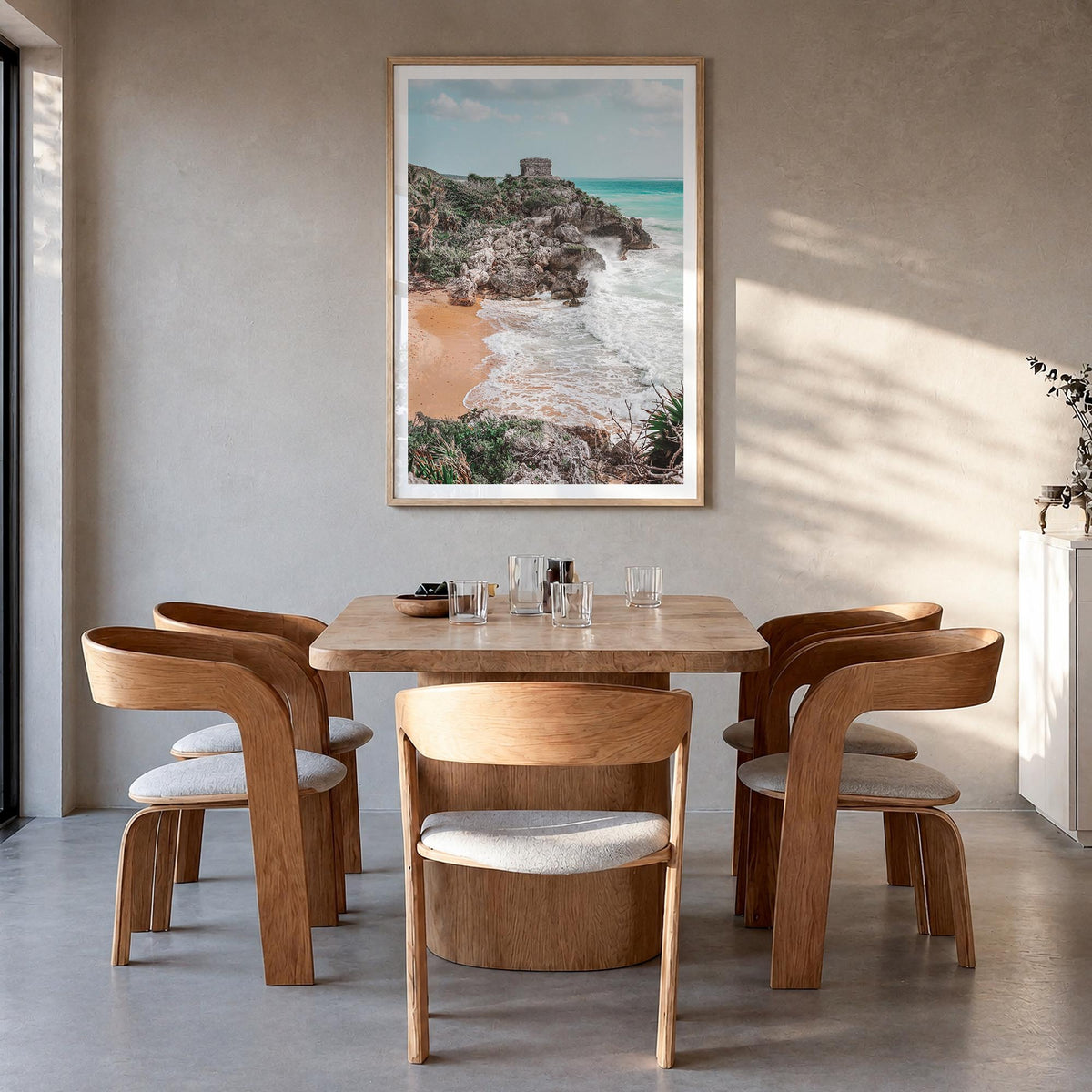 Cancún no. 2 colorful photo poster of Mexico – vertical wall art in natural wood frame with white border, hanging on wall