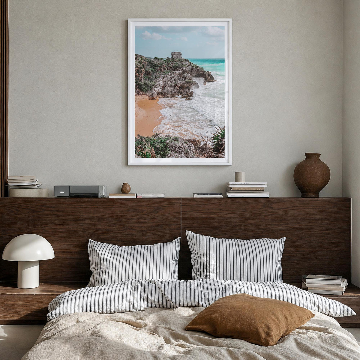 Cancún no. 2 colorful photo poster of Mexico – vertical wall art in white wood frame with white border, hanging on wall