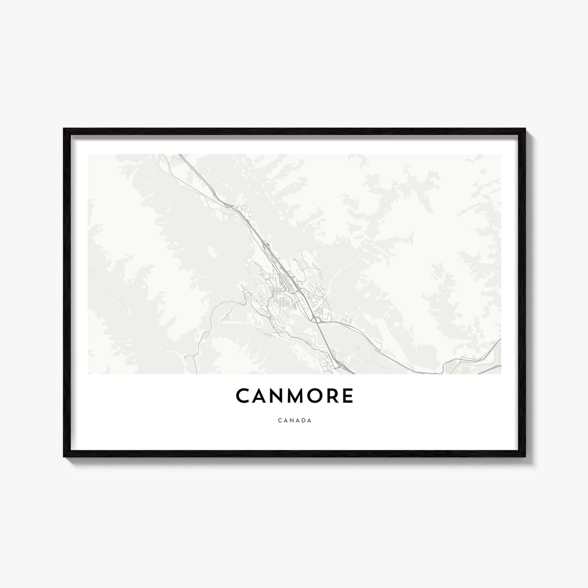 Canmore black & white map poster of Alberta, Canada – horizontal wall art, unframed print shown in interior mockup