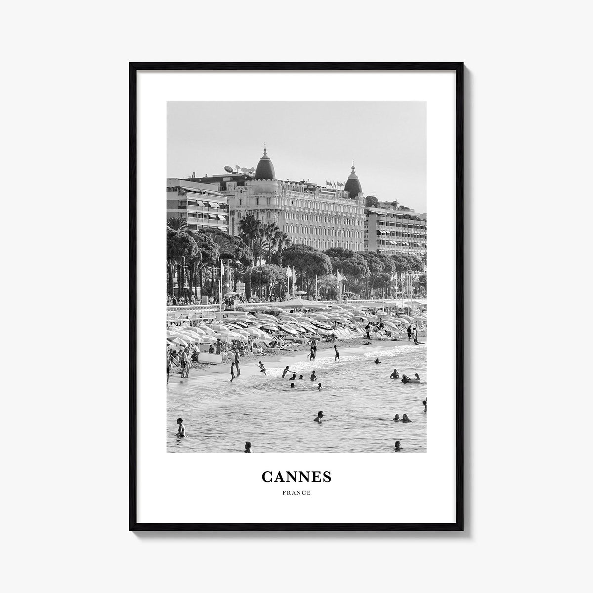 Cannes black & white classic poster of France – vertical wall art, unframed print shown in interior mockup