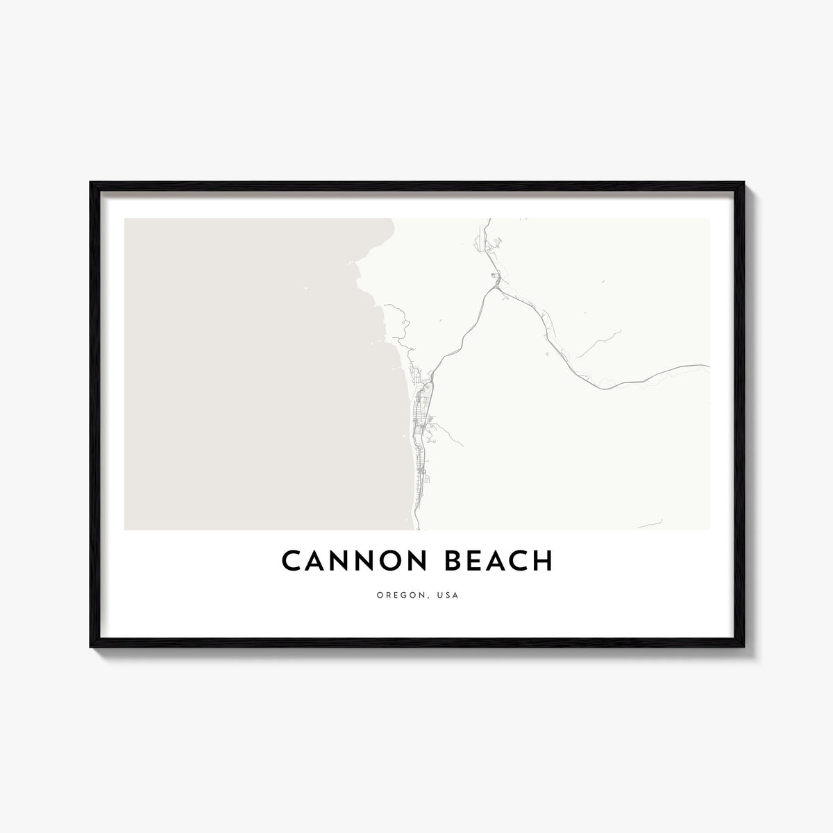Cannon Beach black & white map poster of Oregon, USA – horizontal wall art, unframed print shown in interior mockup
