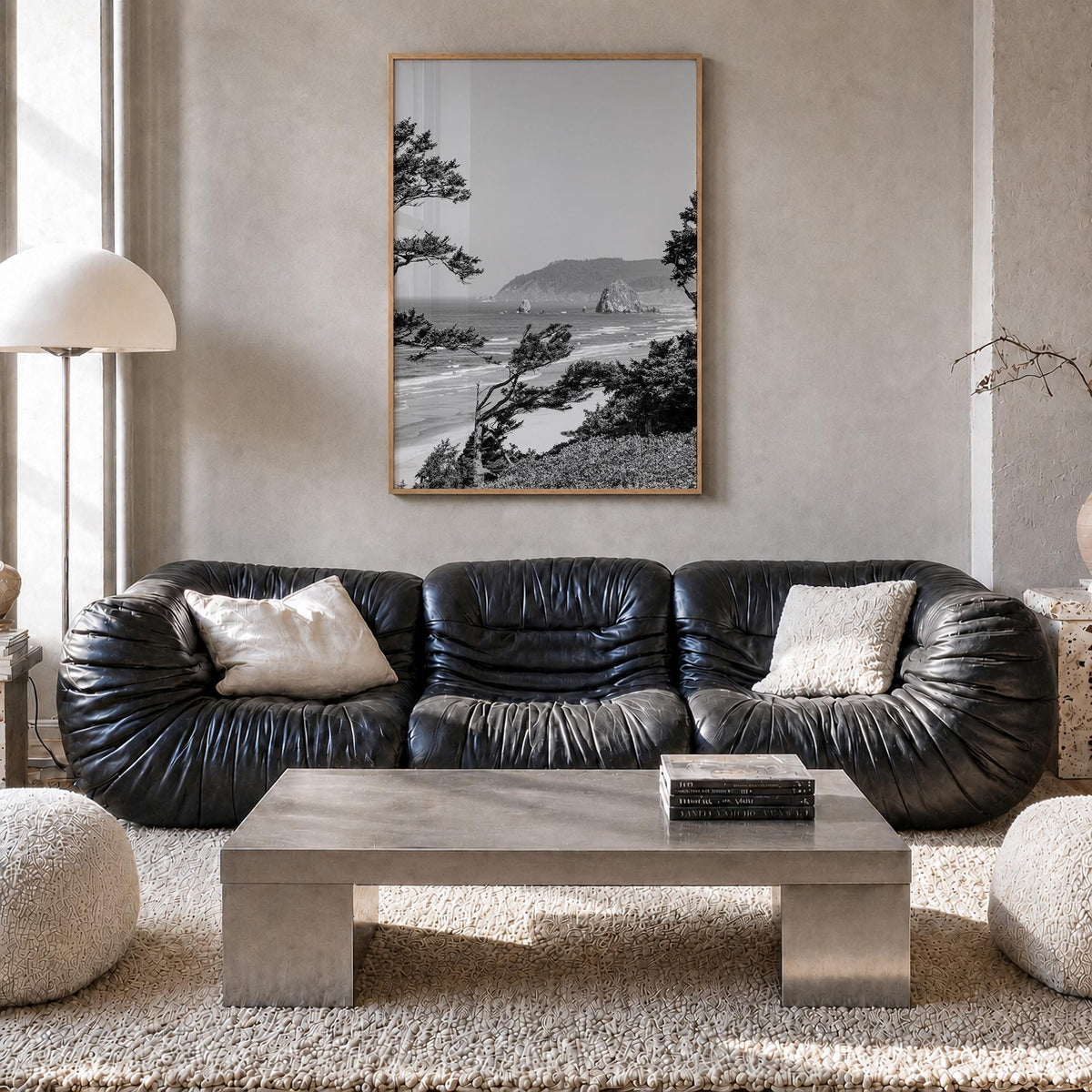 Cannon Beach black & white photo poster of Oregon, USA – vertical wall art in natural wood frame, hanging on wall