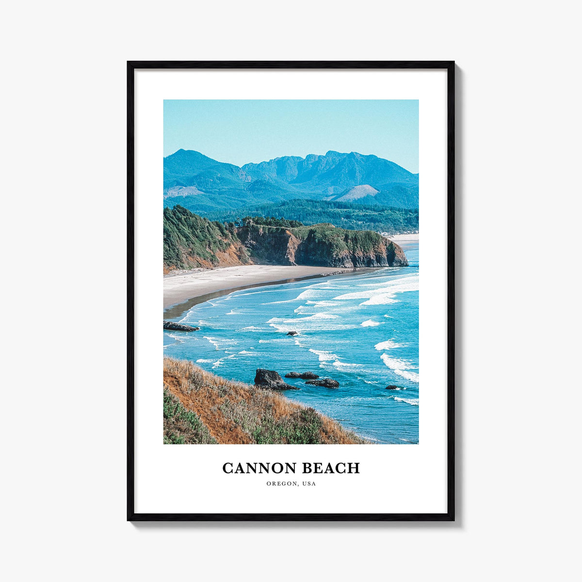 Cannon Beach colorful classic poster of Oregon, USA – vertical wall art, unframed print shown in interior mockup