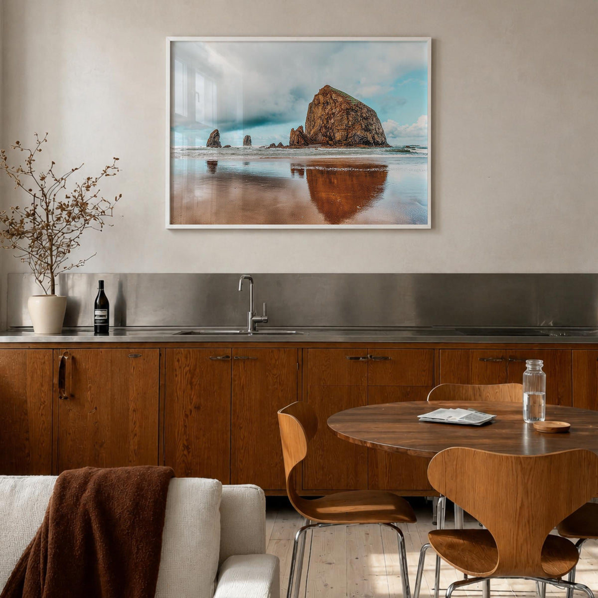Cannon Beach colorful photo poster of Oregon, USA – horizontal wall art in white wood frame, hanging on wall