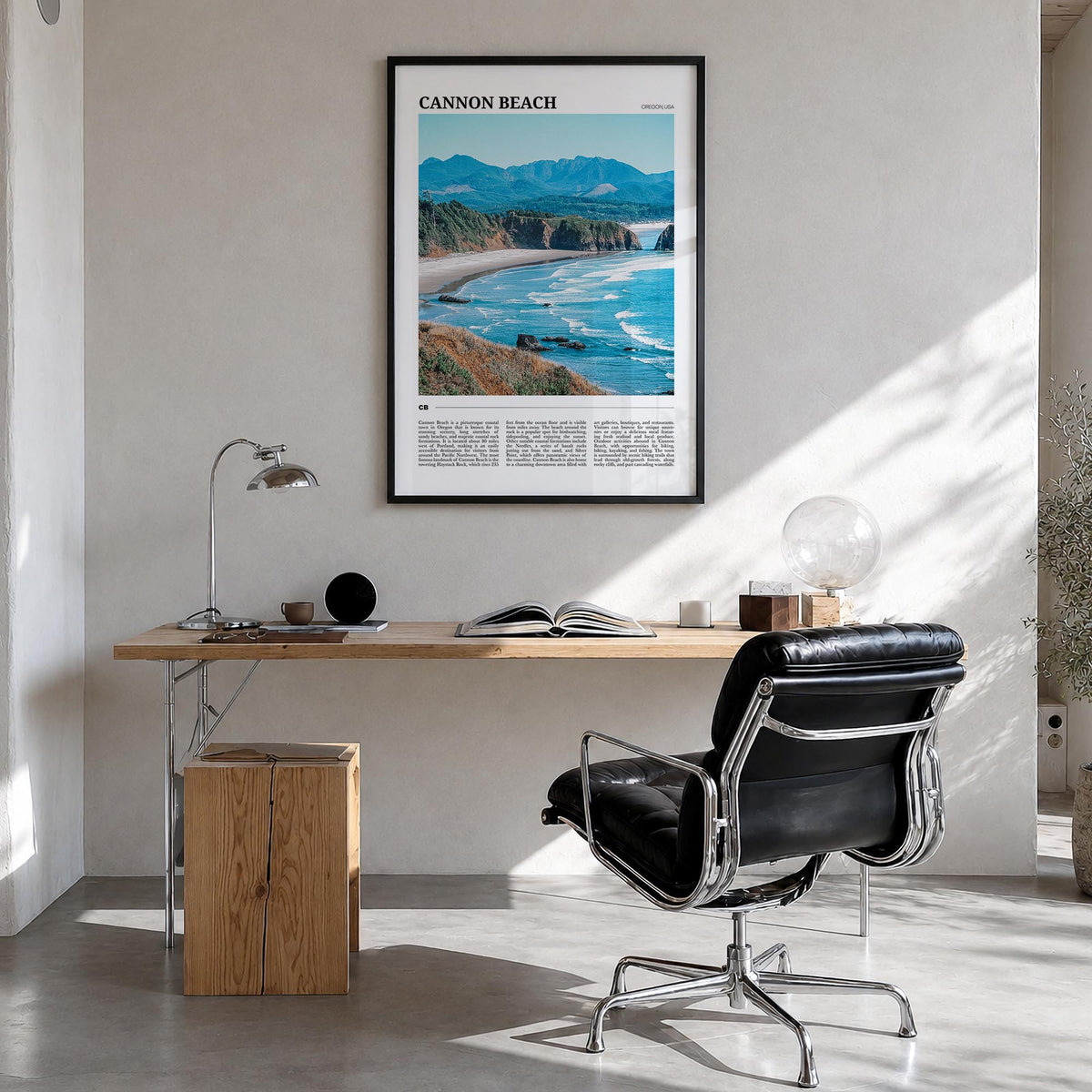 Cannon Beach colorful travel poster of Oregon, USA – vertical wall art in black wood frame, hanging on wall