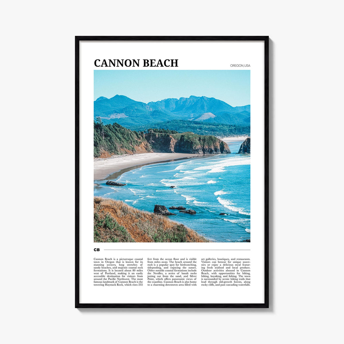 Cannon Beach colorful travel poster of Oregon, USA – vertical wall art, unframed print shown in interior mockup