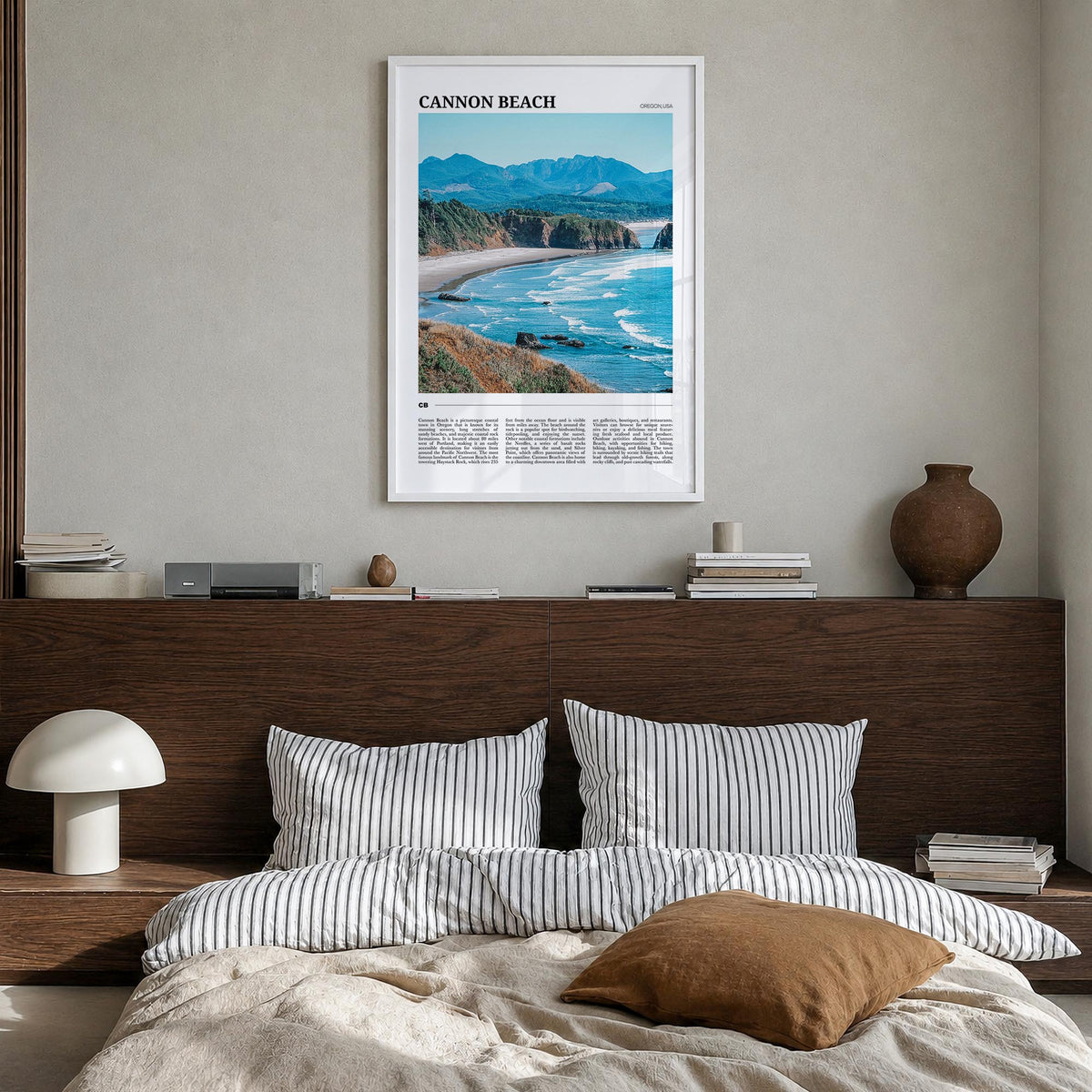 Cannon Beach colorful travel poster of Oregon, USA – vertical wall art in white wood frame, hanging on wall