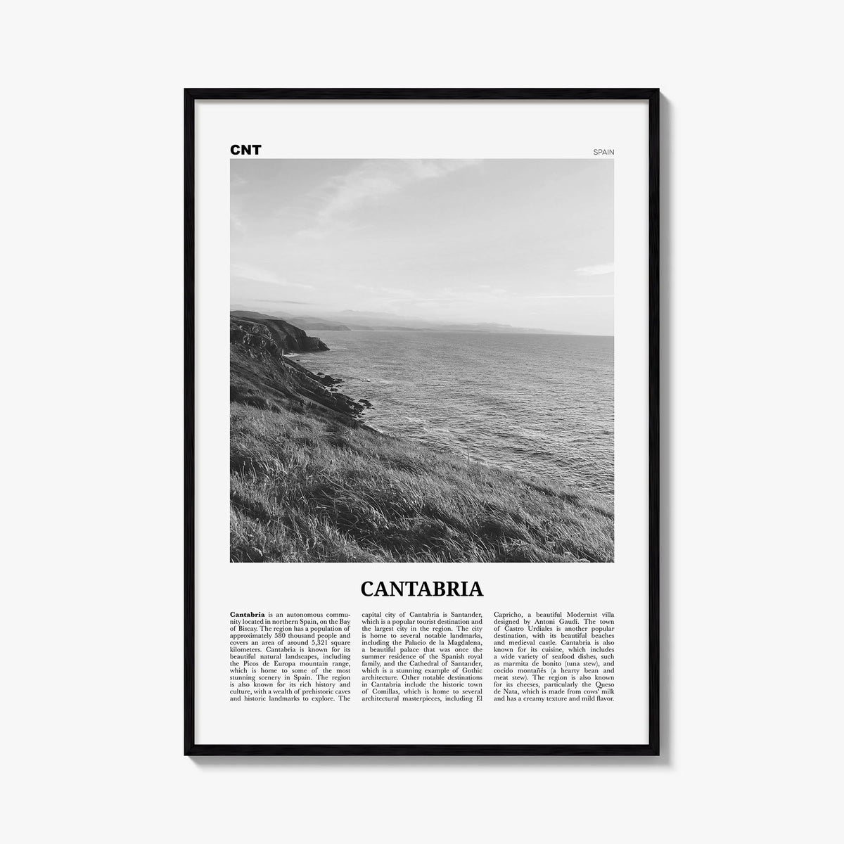 Cantabria black & white newspaper poster of Spain – vertical wall art, unframed print shown in interior mockup