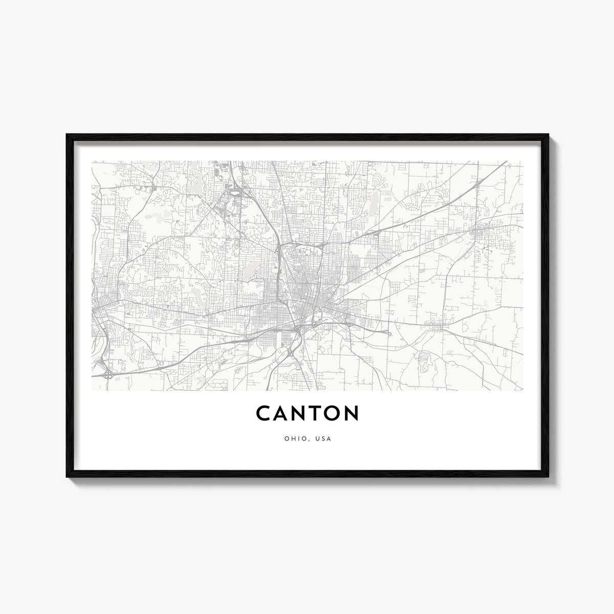 Canton black & white map poster of Ohio, USA – horizontal wall art, unframed print shown in interior mockup