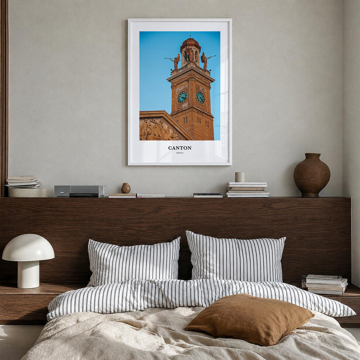 Canton colorful classic poster of Ohio, USA – vertical wall art in white wood frame, hanging on wall