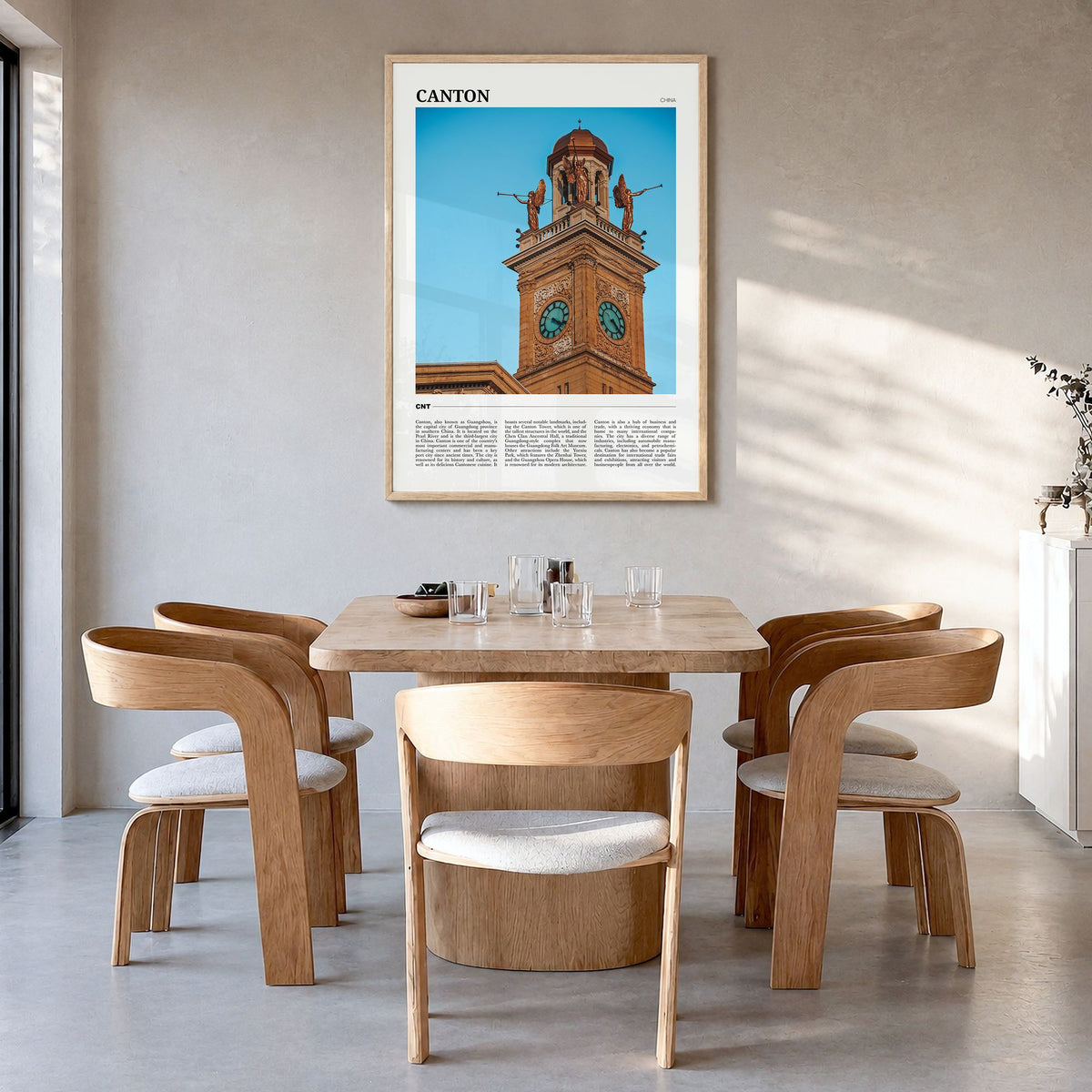 Canton Travel Poster in a natural wood frame, hanging in a dining room