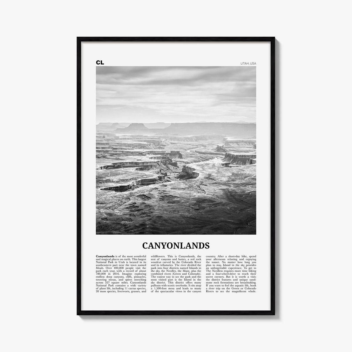 Canyonlands National Park black & white newspaper poster of Utah, USA – vertical wall art, unframed print shown in interior m