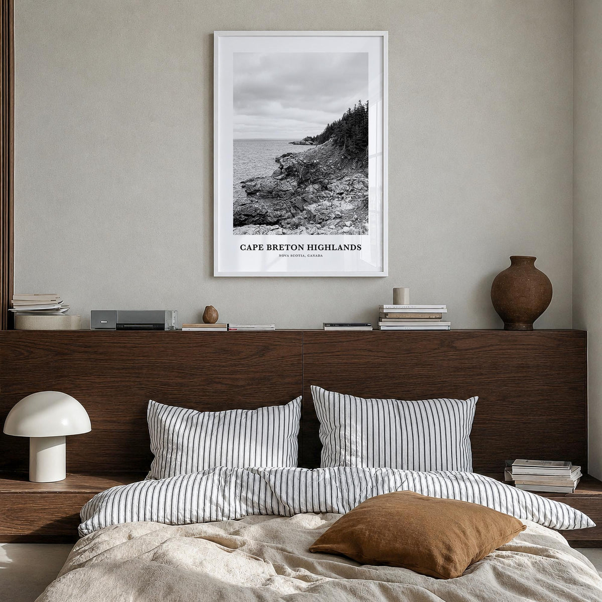 Cape Breton Highlands National Park black & white classic poster of Canada – vertical wall art in white wood frame, hanging o