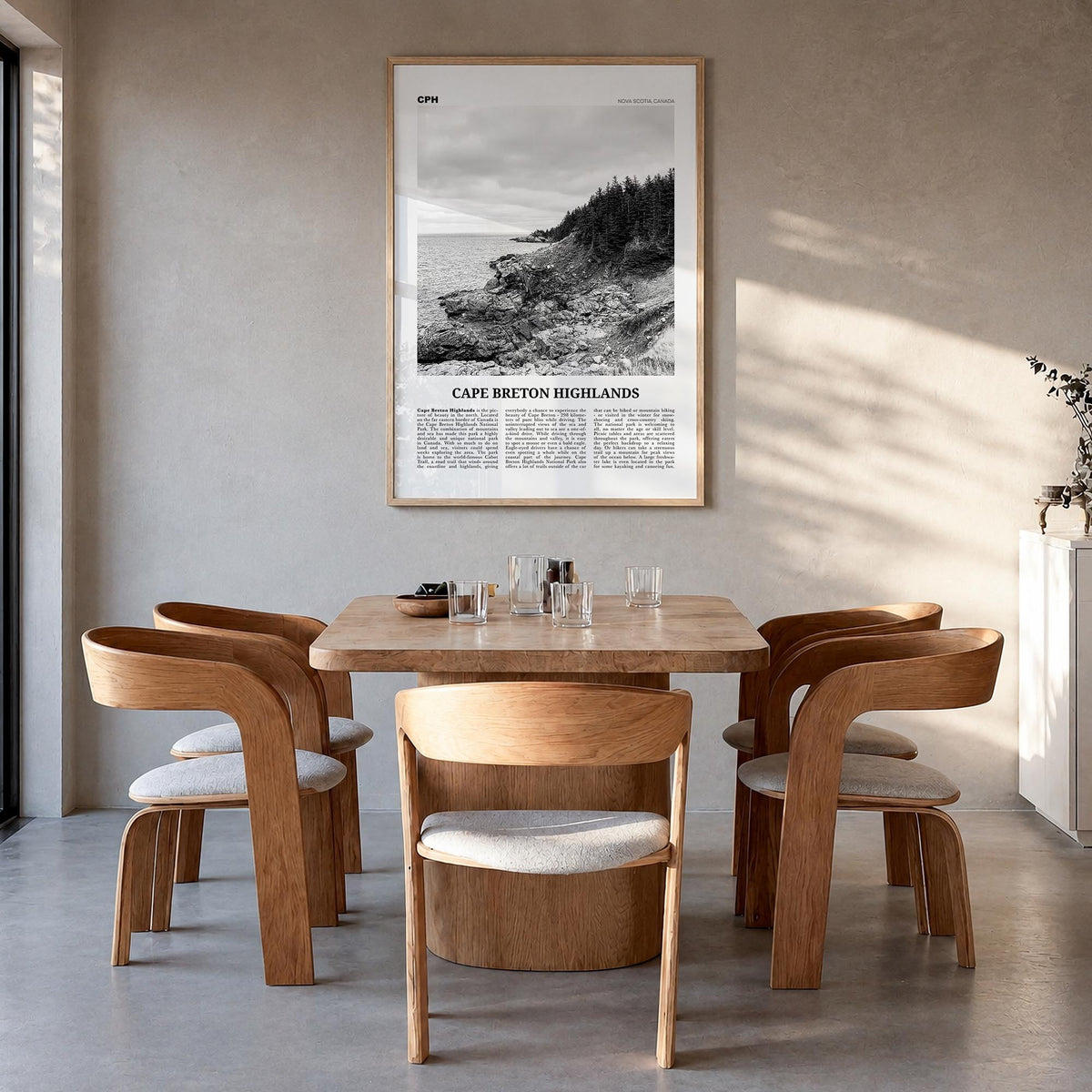 Cape Breton Highlands National Park black & white newspaper poster of Canada – vertical wall art in natural wood frame, hangi