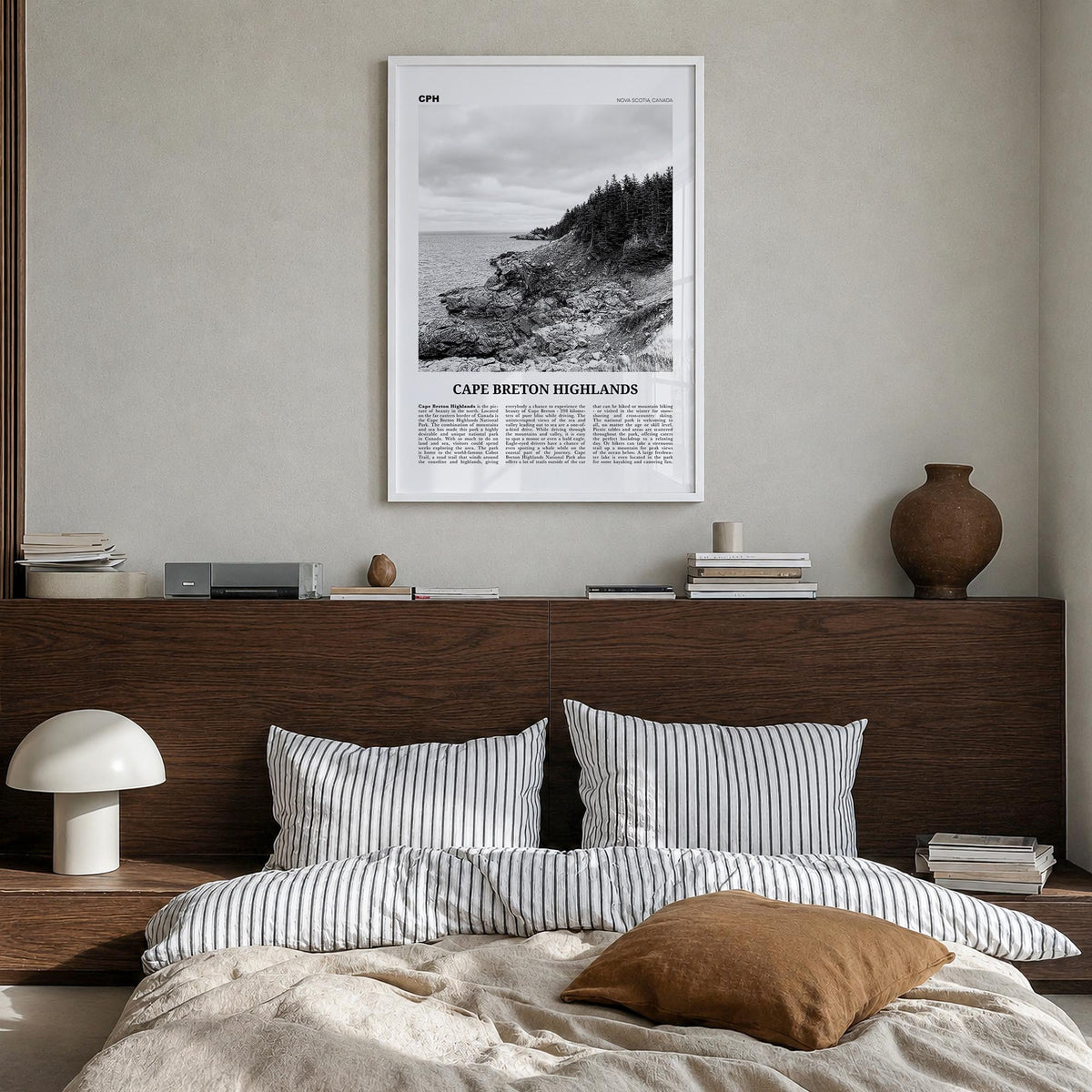Cape Breton Highlands National Park black & white newspaper poster of Canada – vertical wall art in white wood frame, hanging