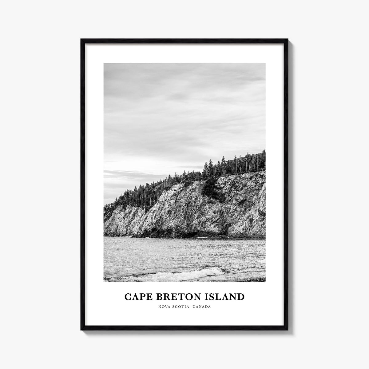 Cape Breton Island black & white classic poster of Nova Scotia, Canada – vertical wall art, unframed print shown in interior