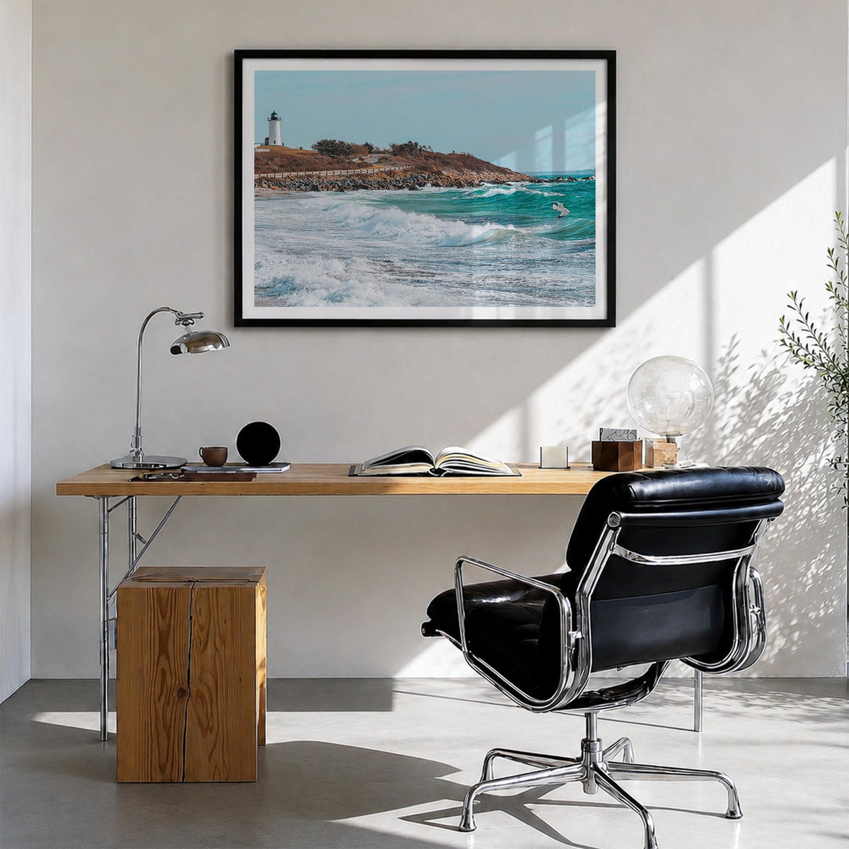 Cape Cod colorful photo poster of Massachusetts, USA – horizontal wall art in black wood frame with white border, hanging on