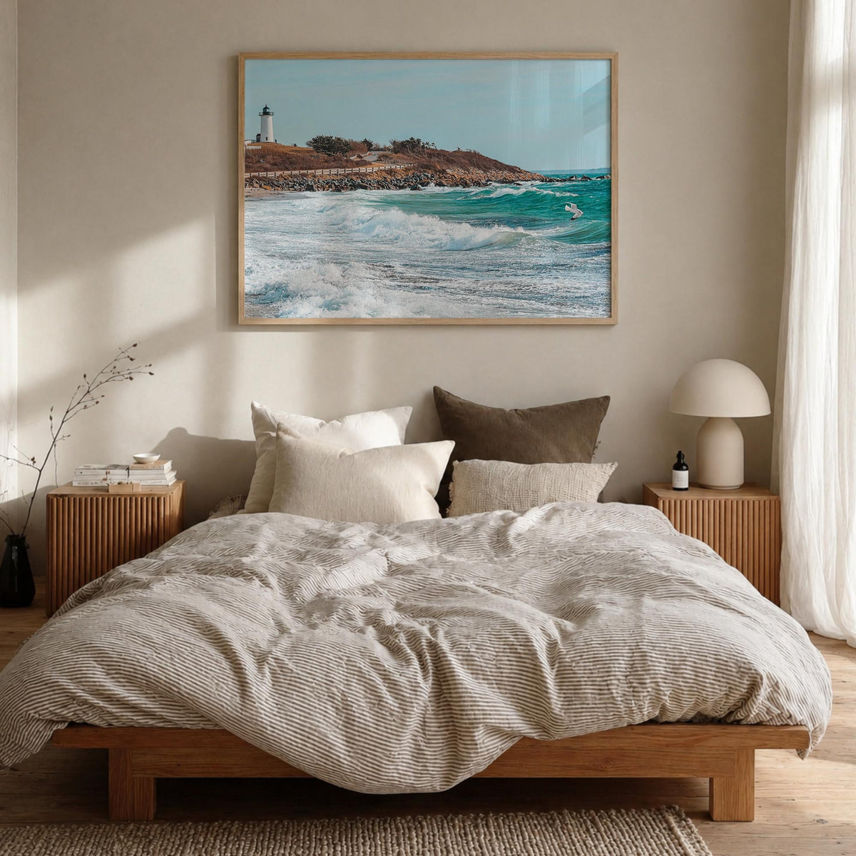 Cape Cod colorful photo poster of Massachusetts, USA – horizontal wall art in natural wood frame, hanging on wall