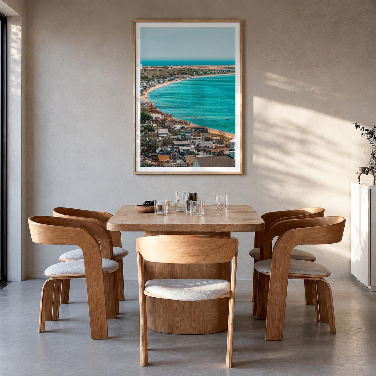 Cape Cod no. 1 colorful photo poster of Massachusetts, USA – vertical wall art in natural wood frame with white border, hangi