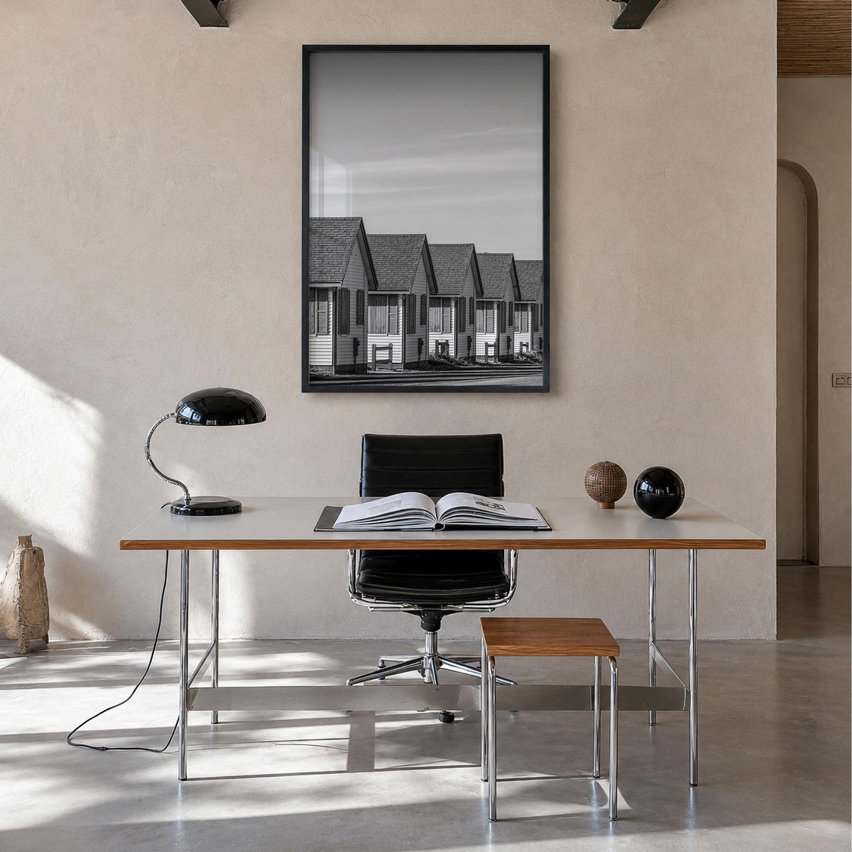 Cape Cod no. 2 black & white photo poster of Massachusetts, USA – vertical wall art in black wood frame, hanging on wall