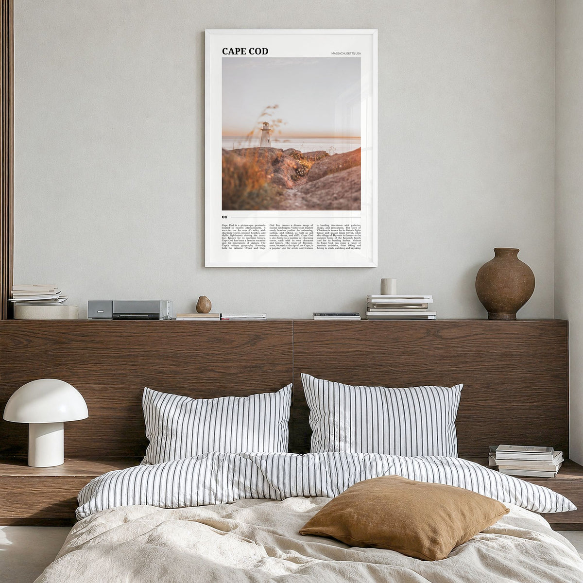 Cape Cod Travel No 1 Poster in a white wood frame, hanging in a bedroom