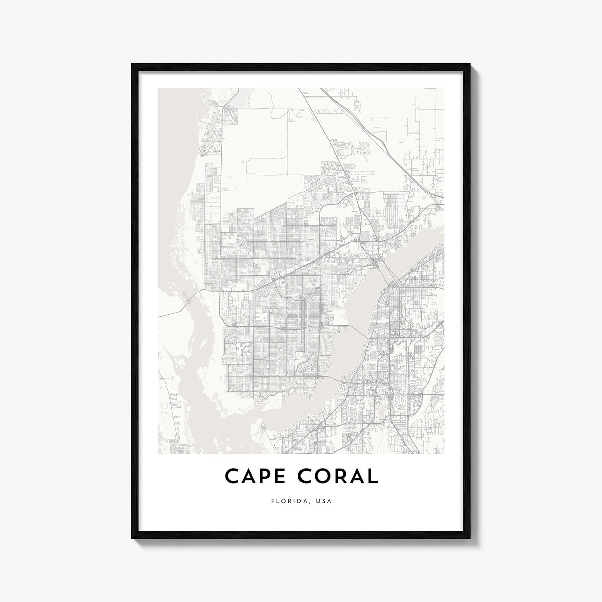 Cape Coral black & white map poster of Florida, USA – vertical wall art, unframed print shown in interior mockup