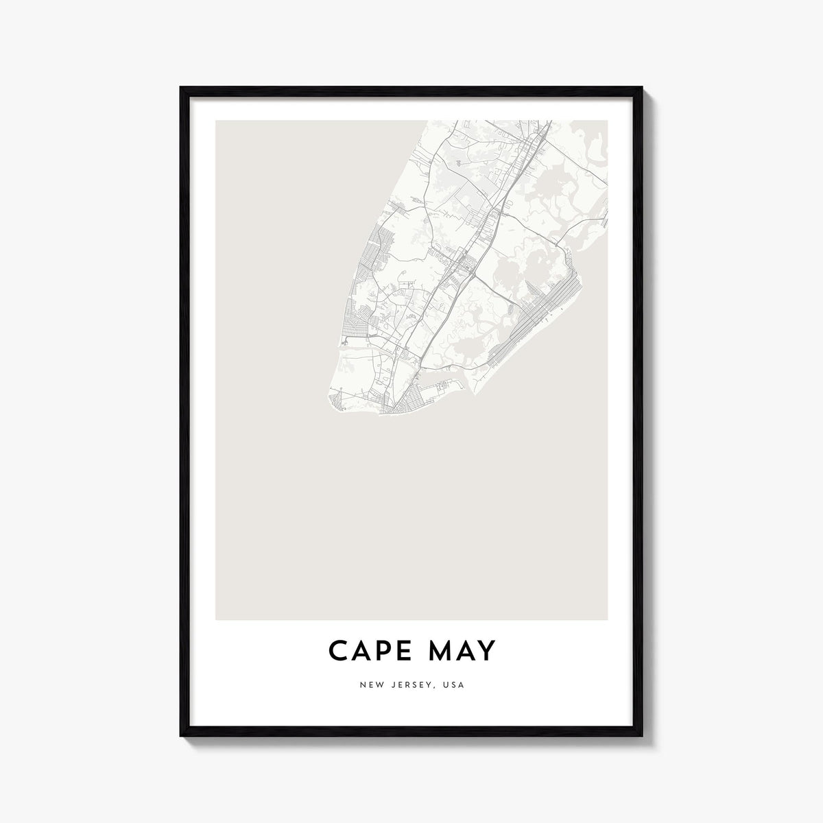 Cape May black & white map poster of New Jersey, USA – vertical wall art, unframed print shown in interior mockup