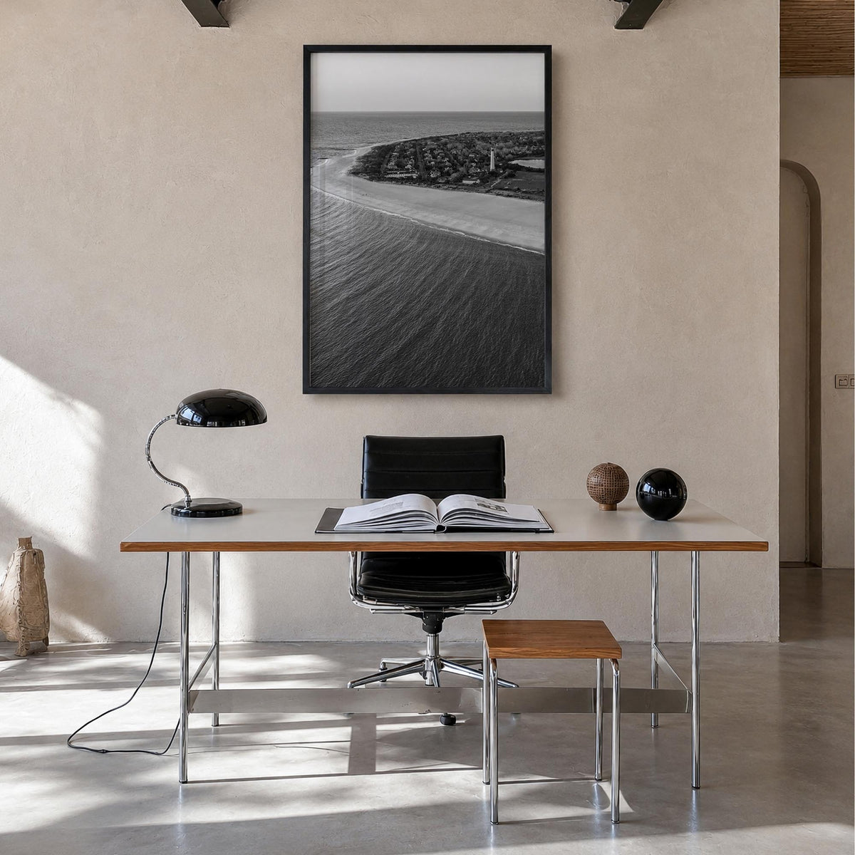 Cape May black & white photo poster of New Jersey, USA – vertical wall art in black wood frame, hanging on wall