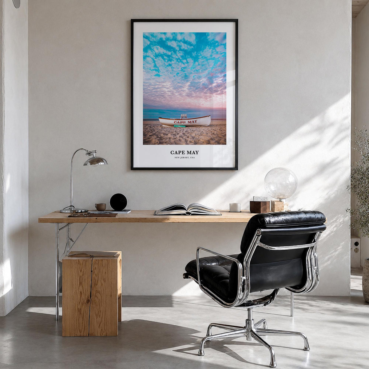 Cape May colorful classic poster of New Jersey, USA – vertical wall art in black wood frame, hanging on wall