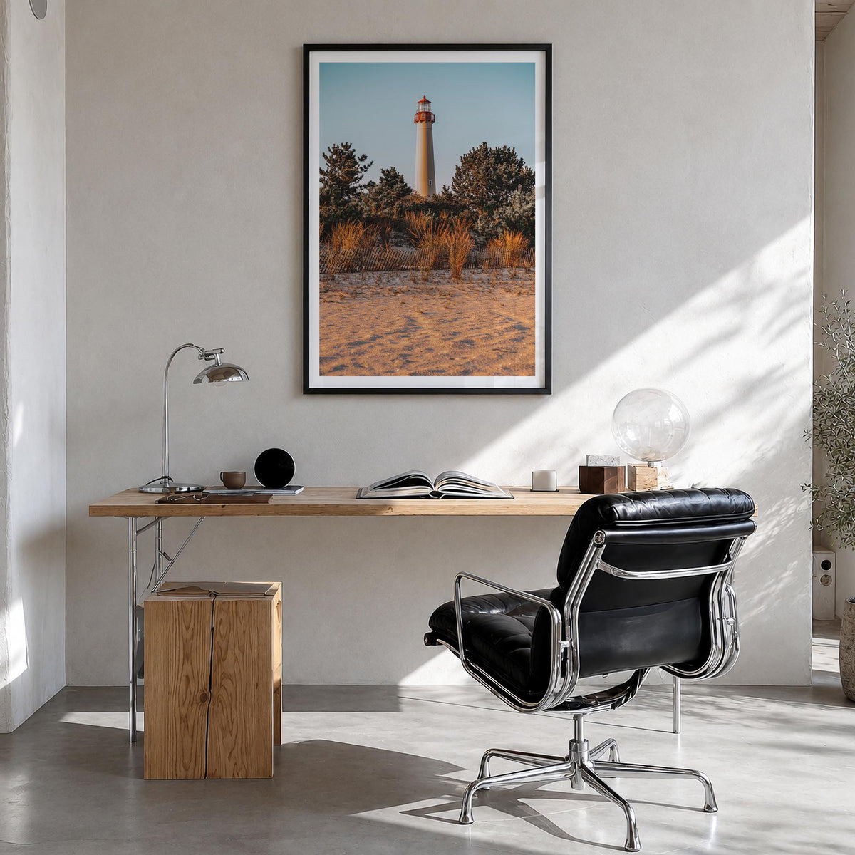 Cape May colorful photo poster of New Jersey, USA – vertical wall art in black wood frame with white border, hanging on wall