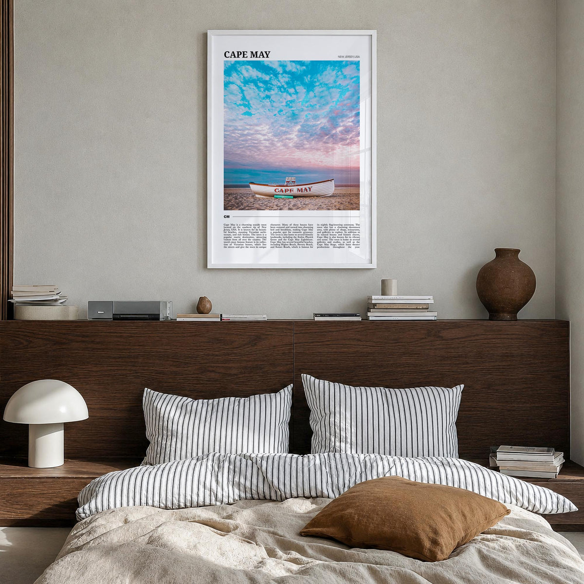 Cape May colorful travel poster of New Jersey, USA – vertical wall art in white wood frame, hanging on wall