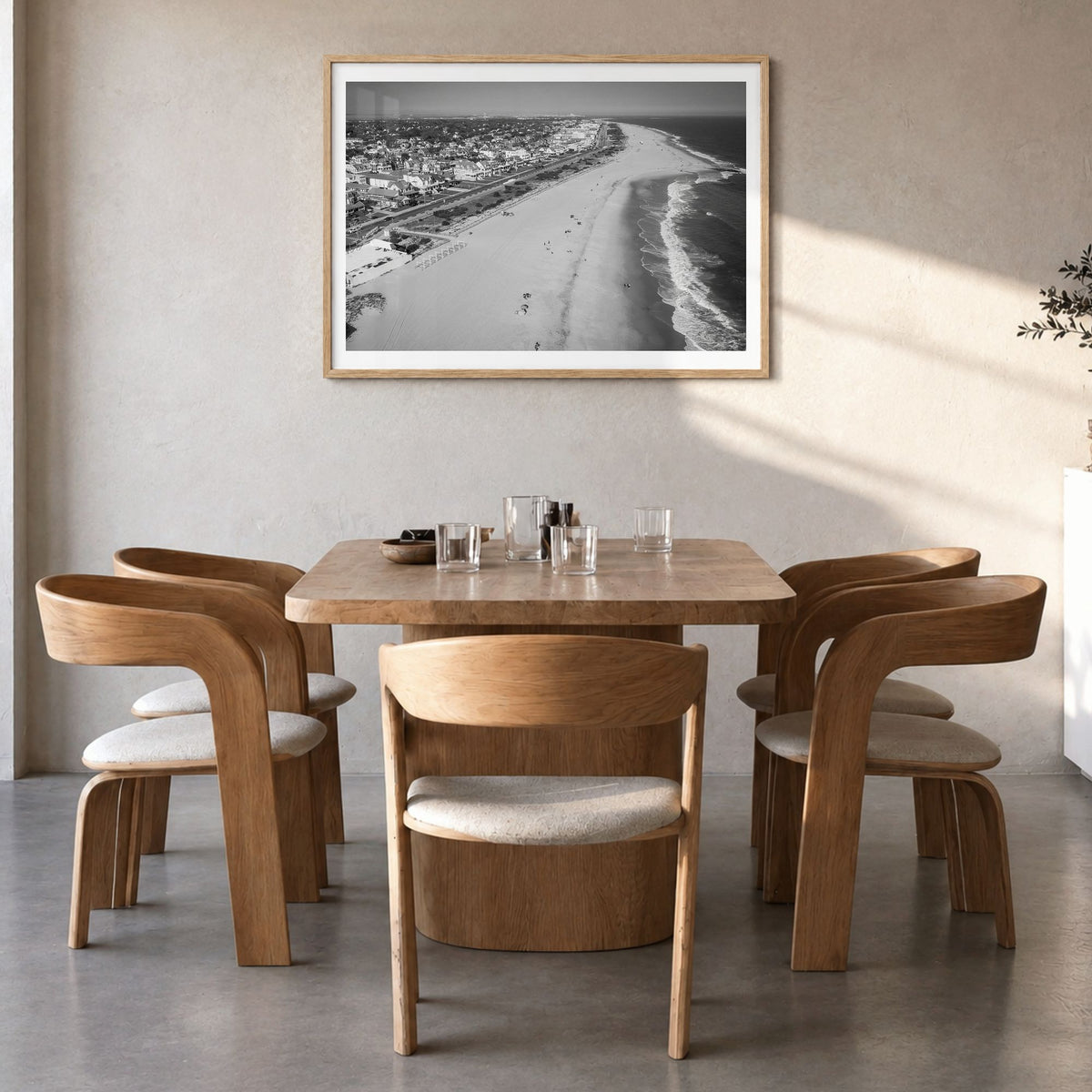 Cape May Photo Poster in a natural wood frame, hanging in a dining room, white border
