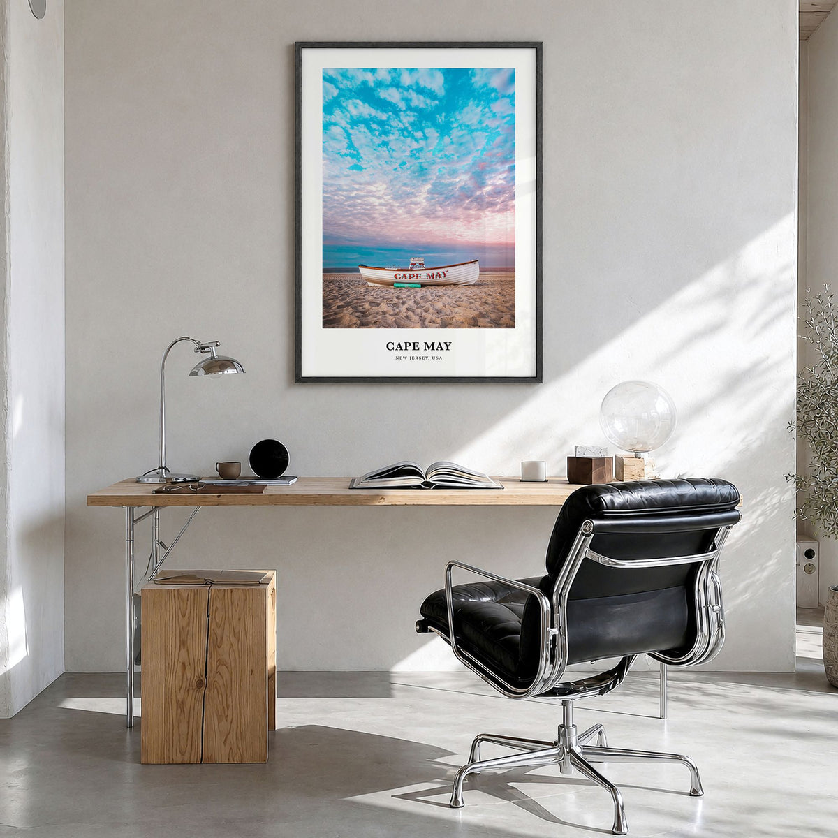 Cape May Classic Poster in a black wood frame, hanging in a bright home office