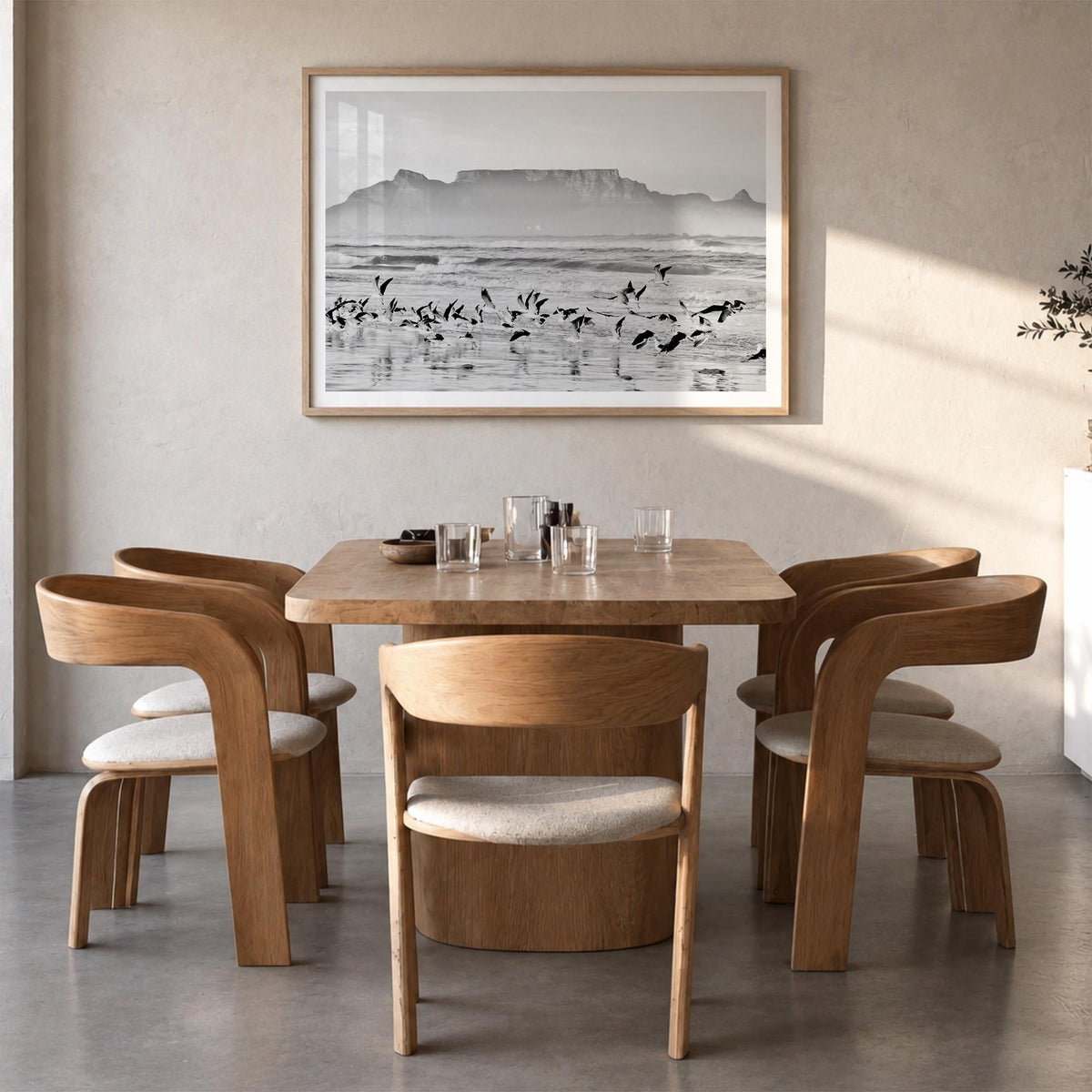 Cape Town black & white photo poster of South Africa – horizontal wall art in natural wood frame with white border, hanging o