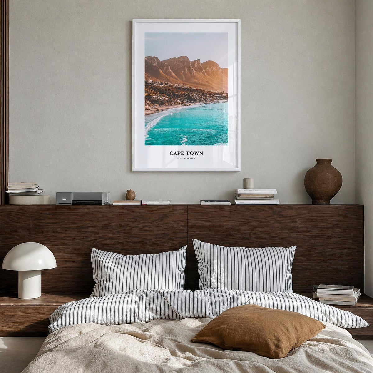Cape Town colorful classic poster of South Africa – vertical wall art in white wood frame, hanging on wall