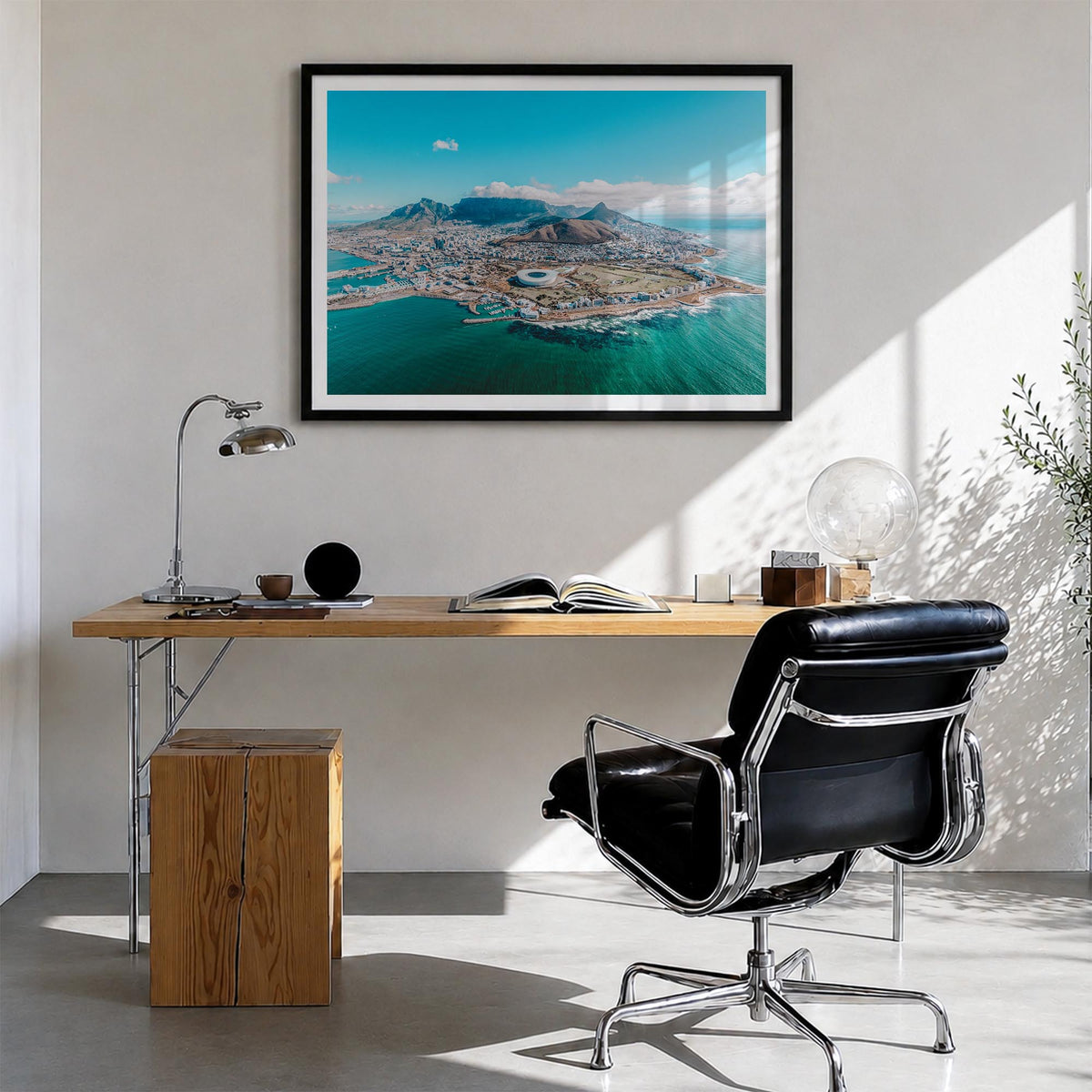 Cape Town colorful photo poster of South Africa – horizontal wall art in black wood frame with white border, hanging on wall