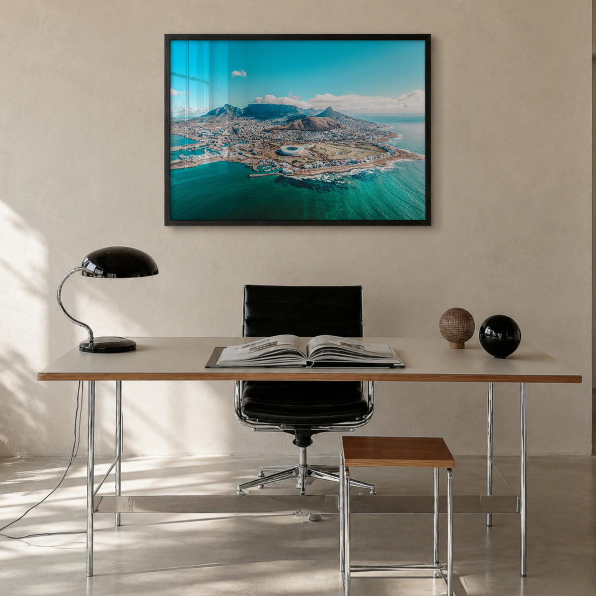 Cape Town colorful photo poster of South Africa – horizontal wall art in black wood frame, hanging on wall
